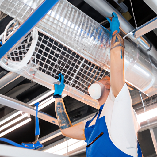 A photo of a professional cleaning an air duct